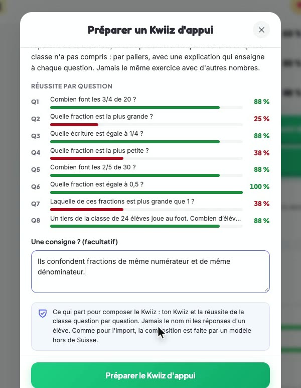 La fenêtre « Préparer un Kwiiz d'appui » : la réussite de huit questions, trois en rouge, un champ pour la consigne, et un encadré qui précise ce qui part pour composer le Kwiiz
