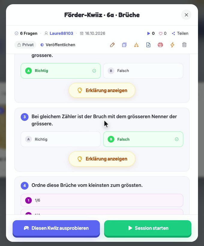 Die Vorschau des Förder-Kwiiz zu den Brüchen: sechs Fragen, Richtig-oder-falsch-Aufgaben zu gleichem Zähler und gleichem Nenner, jede mit ihrer Erklärung