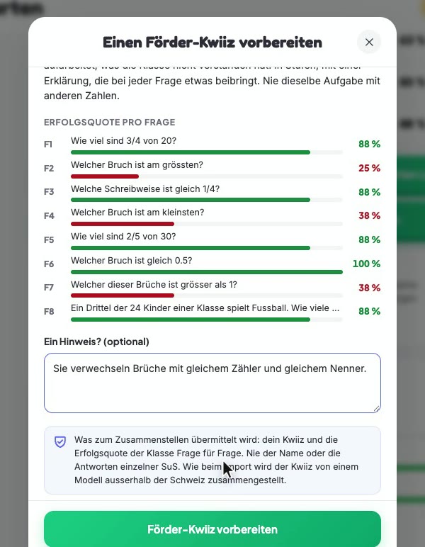 Das Fenster «Einen Förder-Kwiiz vorbereiten»: der Erfolg von acht Fragen, drei davon rot, ein Feld für die Anweisung und ein Hinweis, welche Daten für die Zusammenstellung verwendet werden