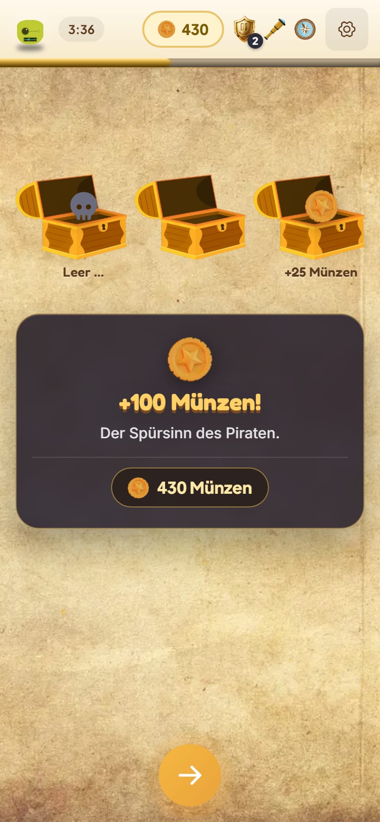 Die Schatzsuche: eine offene Truhe, +100 Münzen, der Riecher des Piraten