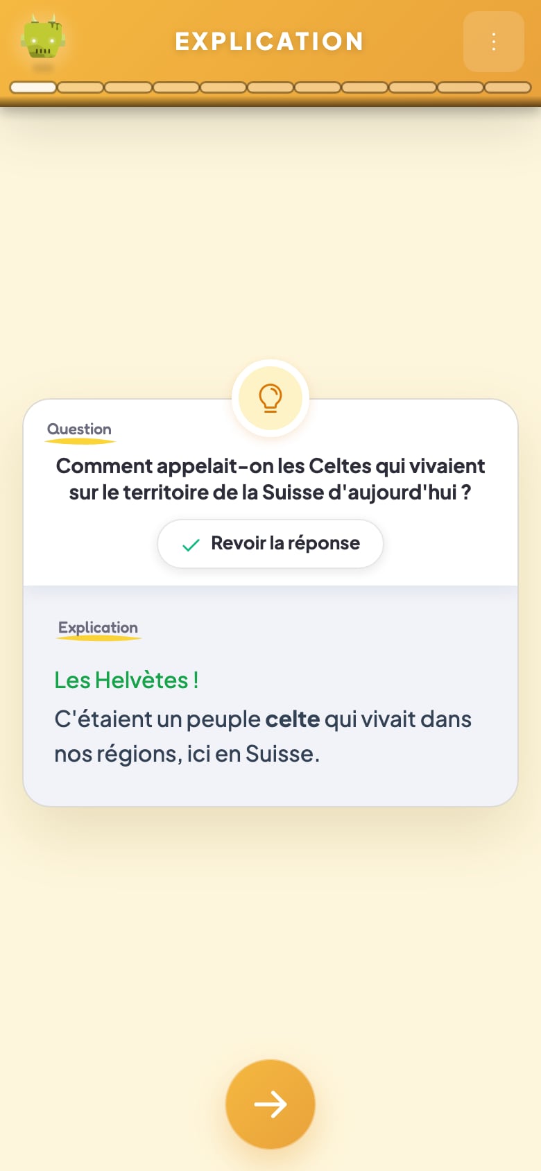L'écran d'explication après une réponse : la question, « Revoir la réponse », et l'explication rédigée par l'enseignant