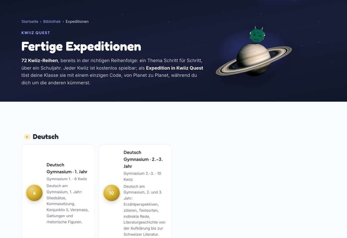 Die Seite «Fertige Expeditionen» der Kwiiz-Bibliothek: Saturn mit seinem Kwiix auf einem Sternenhimmel, darunter die Deutsch-Expeditionen als Karten, jede mit der Zahl ihrer Kwiiz und einer kurzen Beschreibung