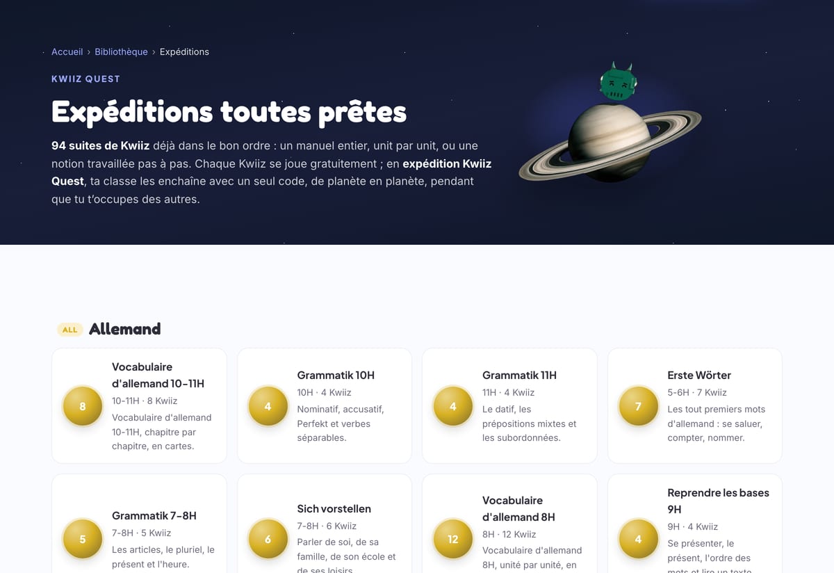 La page « Expéditions toutes prêtes » de la bibliothèque Kwiiz : Saturne et son Kwiix sur un ciel étoilé, puis les expéditions d'allemand en cartes, chacune avec son nombre de Kwiiz et une phrase de description