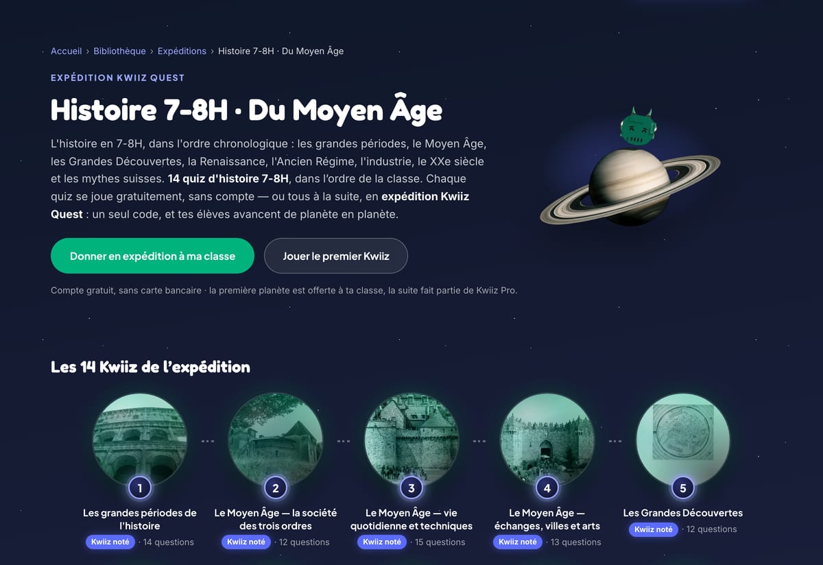 La page de l'expédition « Histoire 7-8H · Du Moyen Âge » : la description, les boutons « Donner en expédition à ma classe » et « Jouer le premier Kwiiz », puis les cinq premières planètes de la suite, numérotées, avec leur titre et leur nombre de questions
