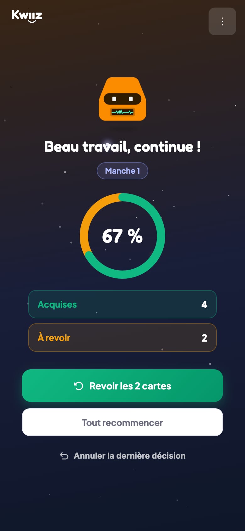 Le bilan d'une manche : 4 cartes acquises, 2 à revoir, et le bouton pour revoir les cartes restantes