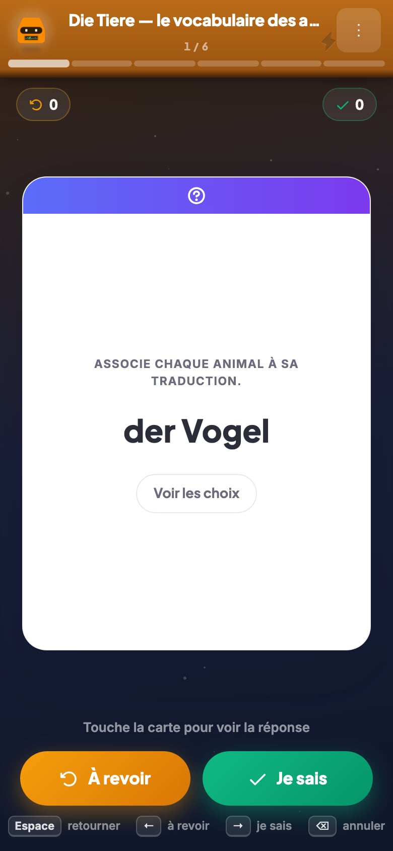 Le recto d'une carte Flash Kwiiz : « der Vogel », avec le bouton « Voir les choix » et l'invitation à toucher la carte