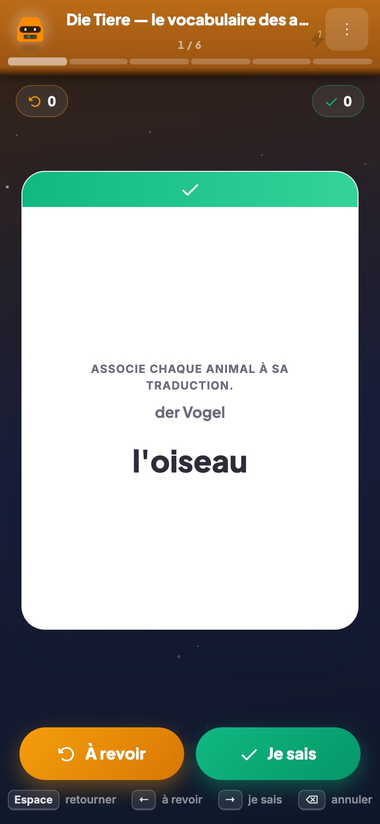 Le verso de la même carte : « l'oiseau », avec les boutons « À revoir » en ambre et « Je sais » en vert