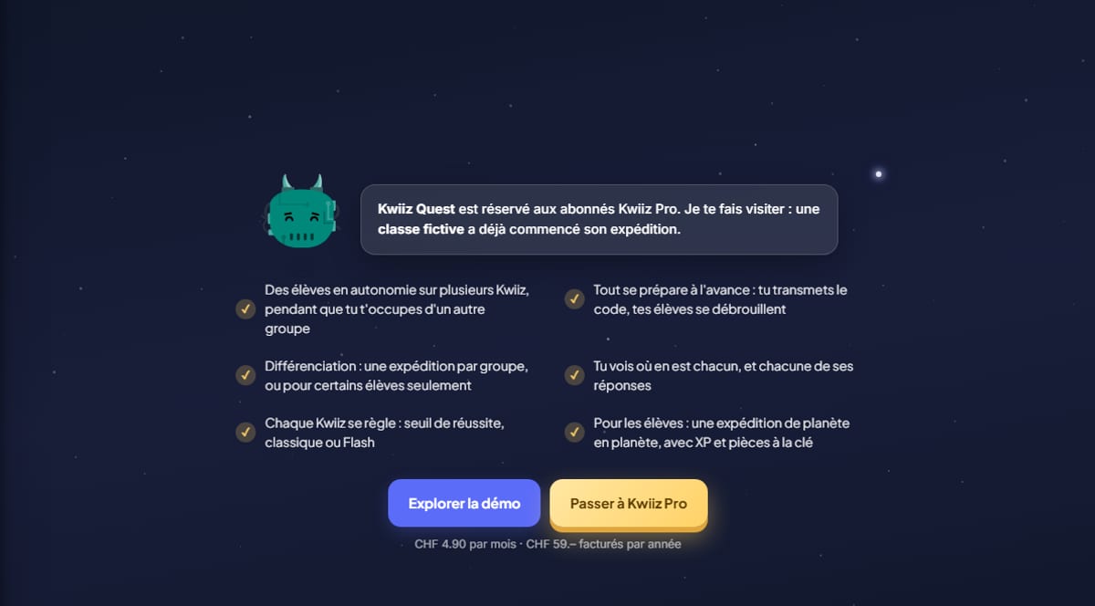 L'écran Kwiiz Quest d'un compte gratuit : Gaby annonce qu'une classe fictive a déjà commencé son expédition, six arguments en deux colonnes, et deux boutons « Explorer la démo » et « Passer à Kwiiz Pro »