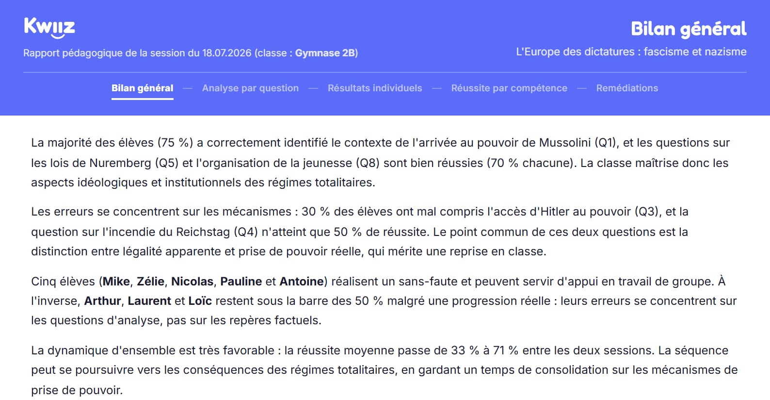 Page Bilan général du rapport : paragraphes d'analyse narrative avec les prénoms des élèves en gras