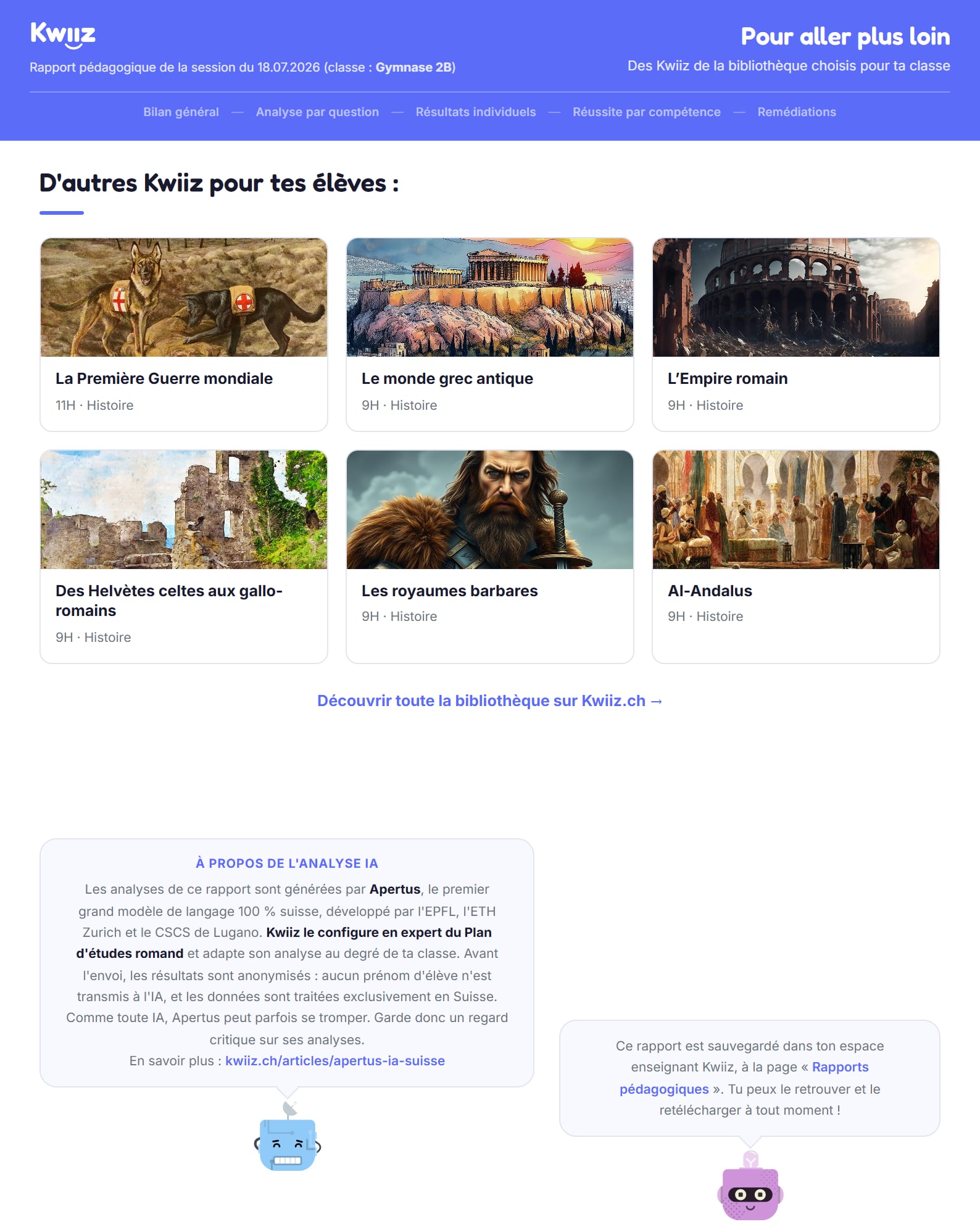 Dernière page du rapport : suggestions de Kwiiz de la bibliothèque dans la même discipline et le même degré