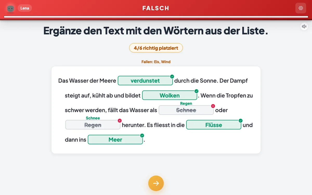 Die Korrektur eines Lückentextes in Kwiiz: das Ergebnis oben, die Ablenkwörter Eis und Wind genannt, die richtigen Lücken grün und die falschen durchgestrichen, mit der richtigen Antwort darüber
