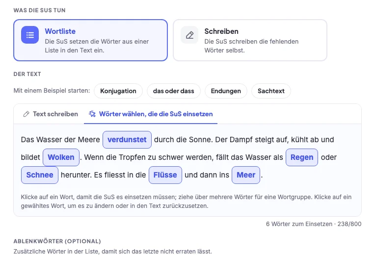 Der Lückentext-Editor in Kwiiz: die Modi «Wortliste» und «Schreiben», die Beispiele Konjugation, das oder dass, Endungen und Sachtext, darunter der Text über den Wasserkreislauf, in dem die gewählten Lücken blau umrandet sind