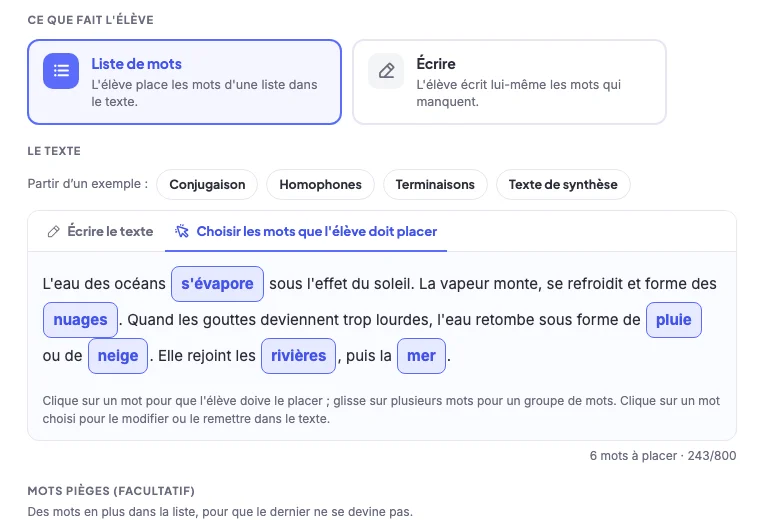 L'éditeur du texte à trous dans Kwiiz : les modes « Liste de mots » et « Écrire », les exemples Conjugaison, Homophones, Terminaisons et Texte de synthèse, puis le texte sur le cycle de l'eau où les mots choisis comme trous sont encadrés en bleu