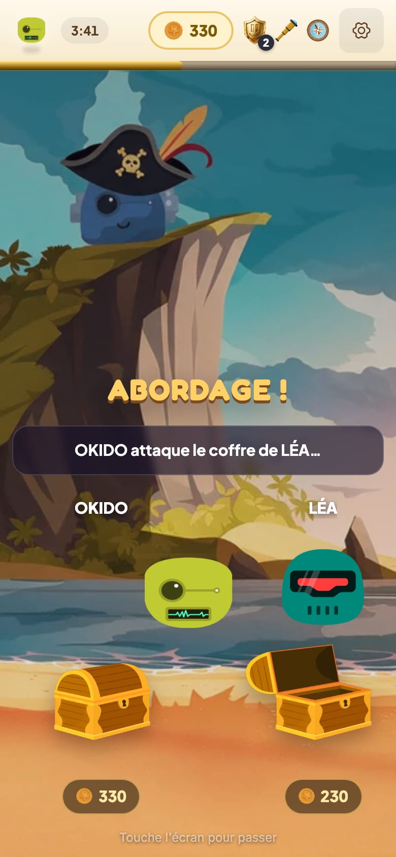 La scène d'abordage sur le téléphone de l'attaquant : le Kwiix pirate sur une falaise, « OKIDO attaque le coffre de LÉA… », les deux Kwiix face à face et leurs butins