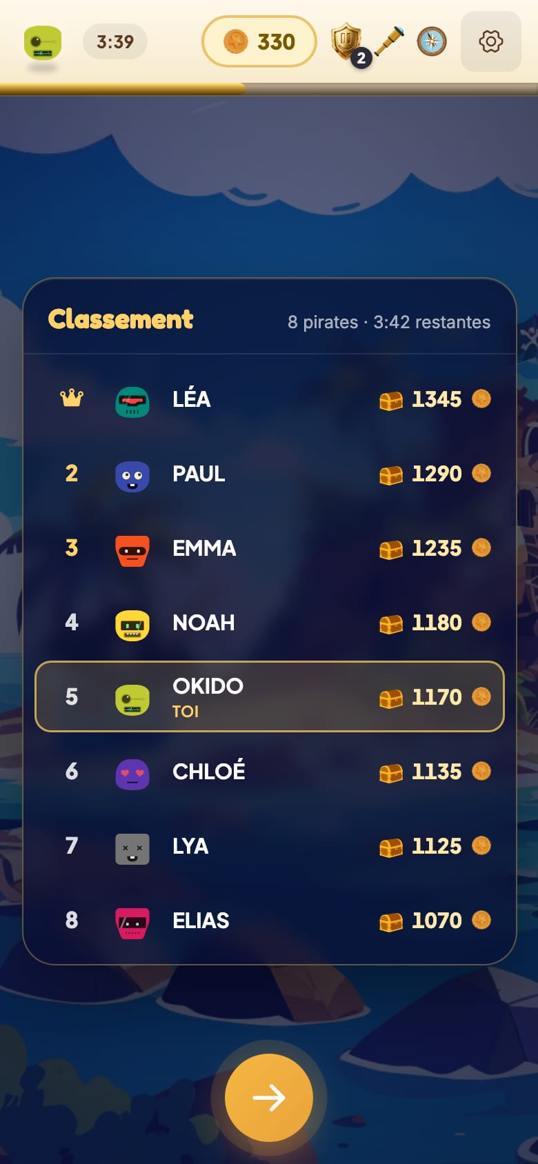 Le classement de la chasse sur le téléphone d'un élève : huit pirates, leurs pièces, la couronne sur la première, et sa propre ligne mise en évidence