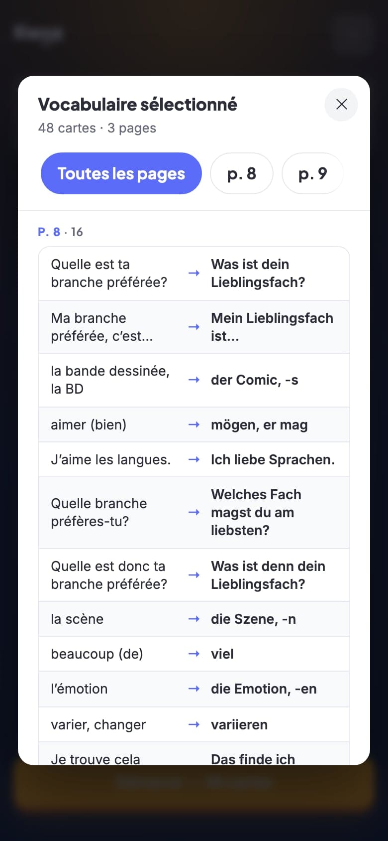 Aperçu du vocabulaire sélectionné : la liste groupée par page, chaque ligne montrant le mot français et sa traduction allemande.
