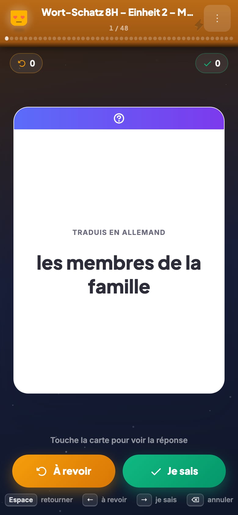 Carte de révision, face recto : la consigne « Traduis en allemand » au-dessus du mot « les membres de la famille », et les deux boutons « À revoir » et « Je sais ».