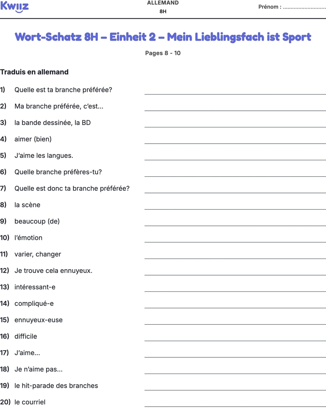 Fiche imprimable : en-tête « Allemand 8H » et « Prénom », le titre du Kwiiz, la mention « Pages 8 - 10 », la consigne « Traduis en allemand », puis les mots numérotés avec une ligne vide à remplir en face de chacun.