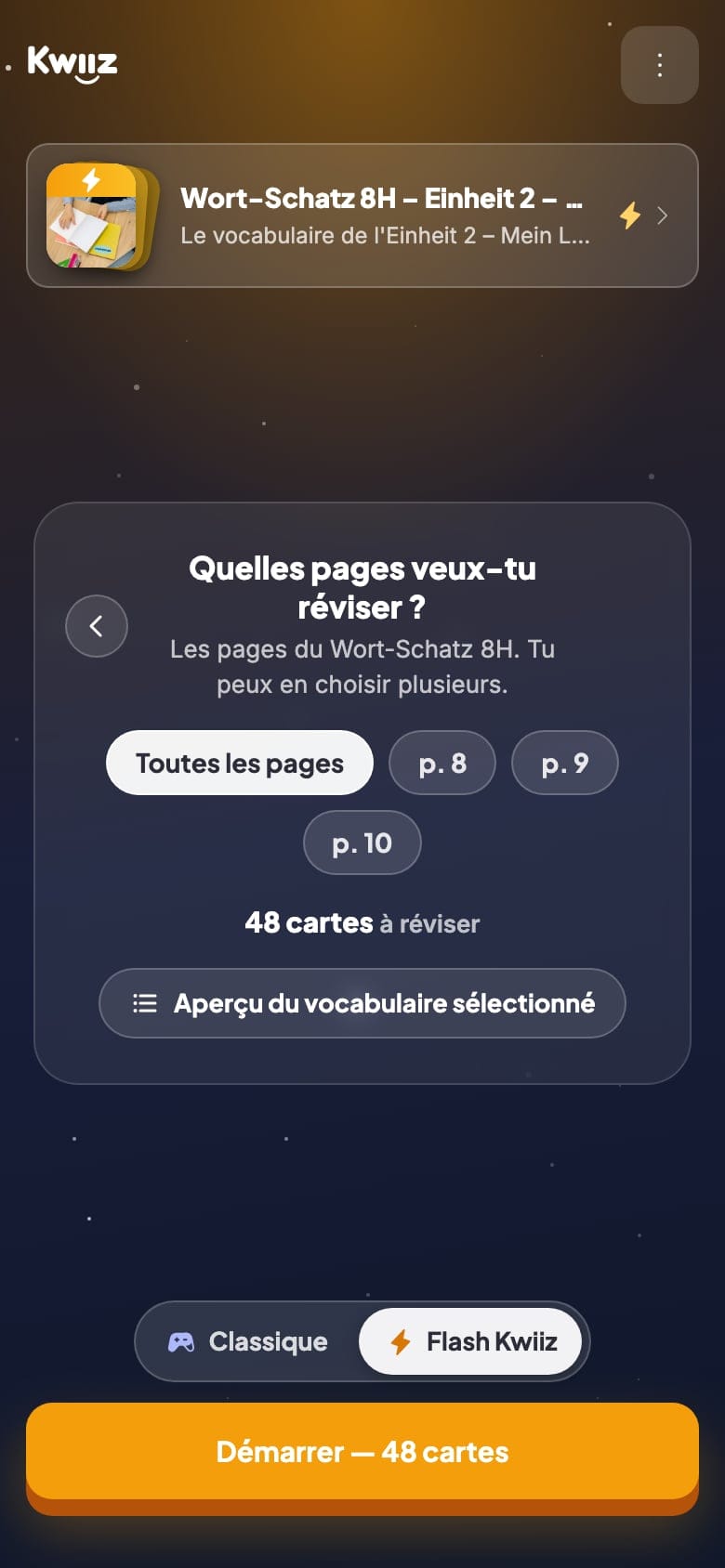 Écran de choix : « Quelles pages veux-tu réviser ? », les puces Toutes les pages, p. 8, p. 9 et p. 10, le total « 48 cartes à réviser » et le bouton Démarrer.