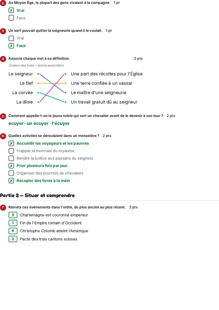 Page du corrigé : réponses cochées, associations tracées, ordre de la frise