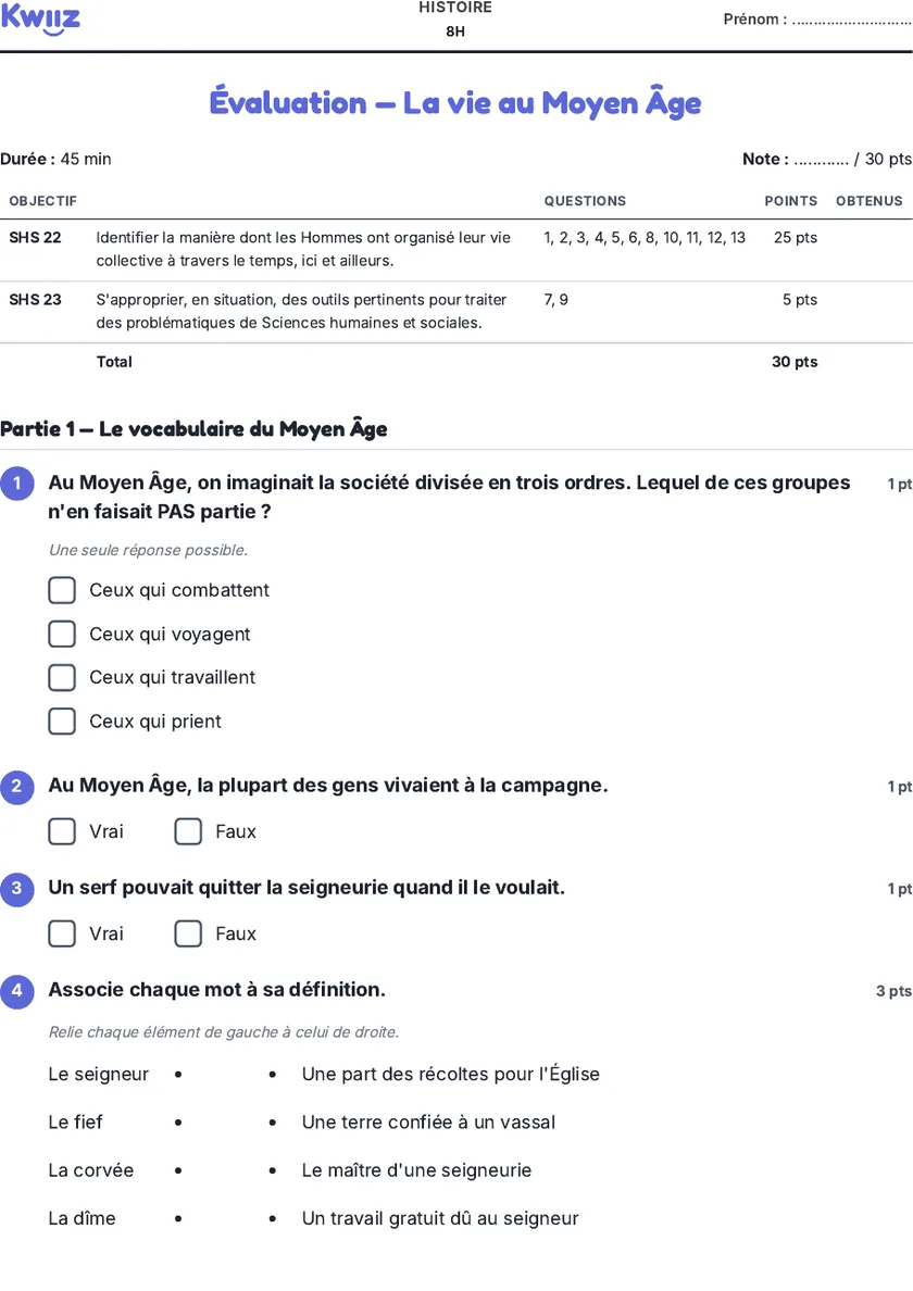 Première page de l’évaluation « La vie au Moyen Âge », 8H : tableau des objectifs, barème et premières questions