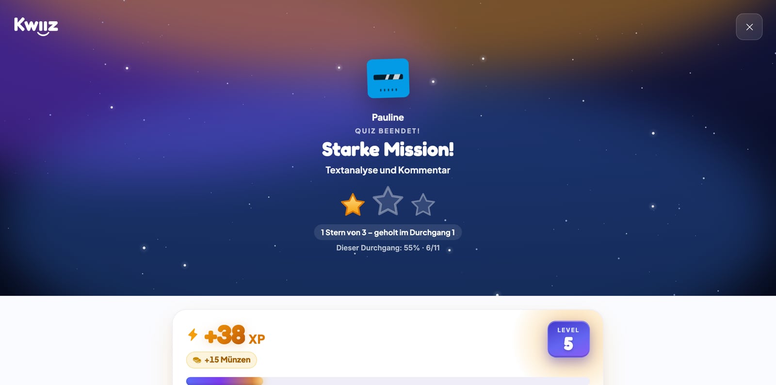 Spielende: gewonnene Sterne, erhaltene XP und Level des Kindes