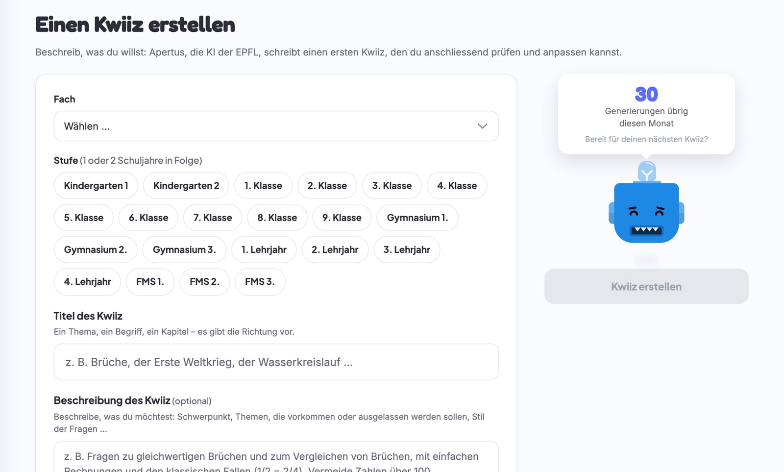 Der KI-Assistent von Kwiiz: Fach, Klassenstufe und Lehrplanziel, für einen kompletten Kwiiz zum Durchlesen und Bestätigen