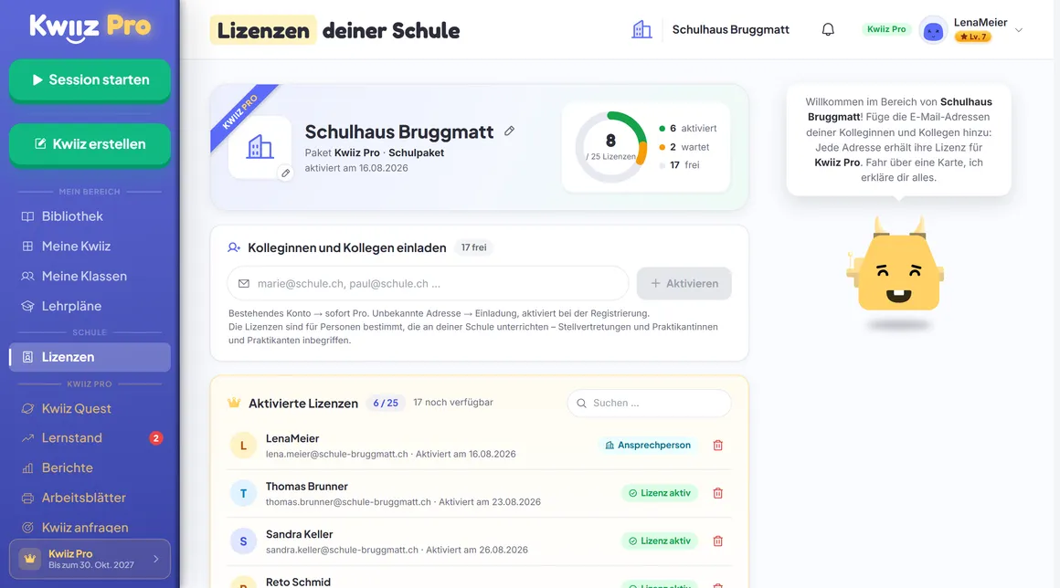 Die Lizenzseite der Ansprechperson: die Anzeige der aktivierten Lizenzen und die Liste der Kolleginnen und Kollegen, jede mit ihrem Status