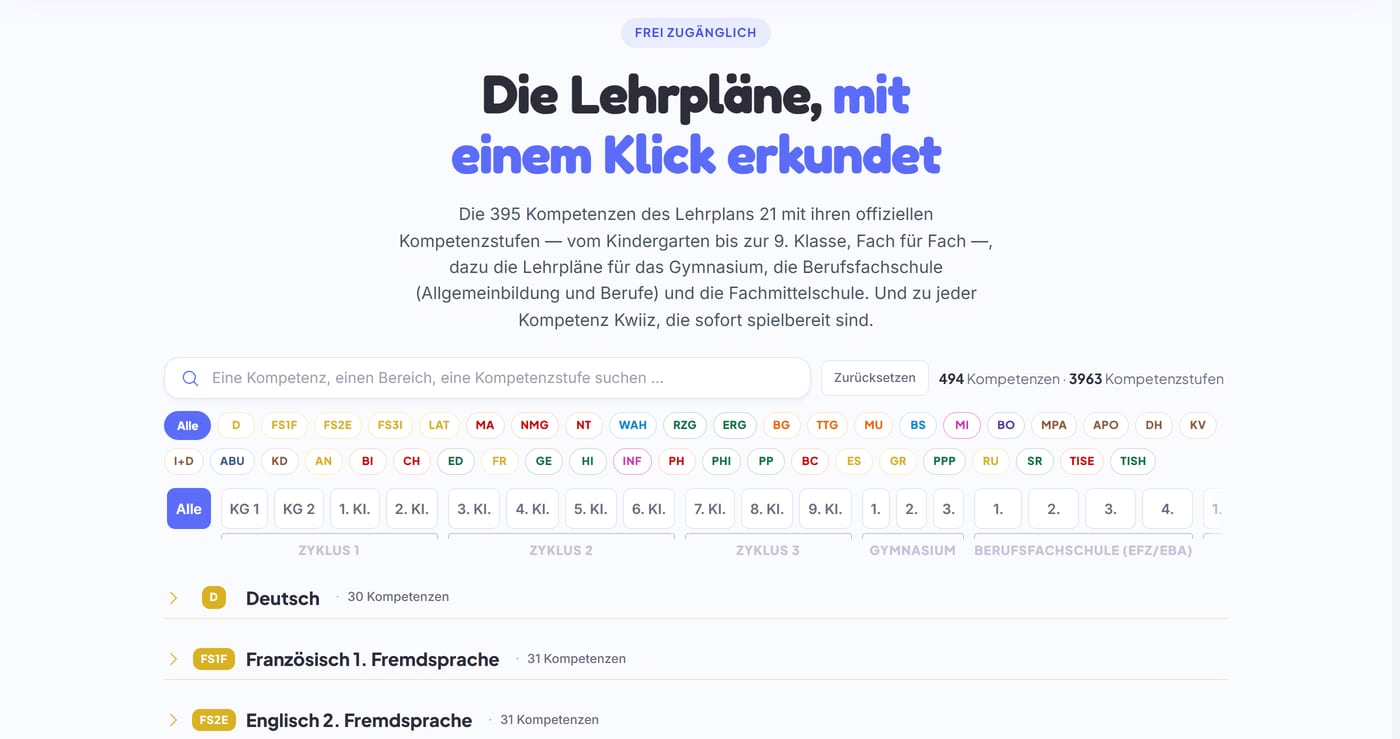 Der Lehrplan-Explorer von Kwiiz: 259 Kompetenzen, Fächer und Stufen von der 1. Klasse bis zur Berufsschule, frei zugänglich