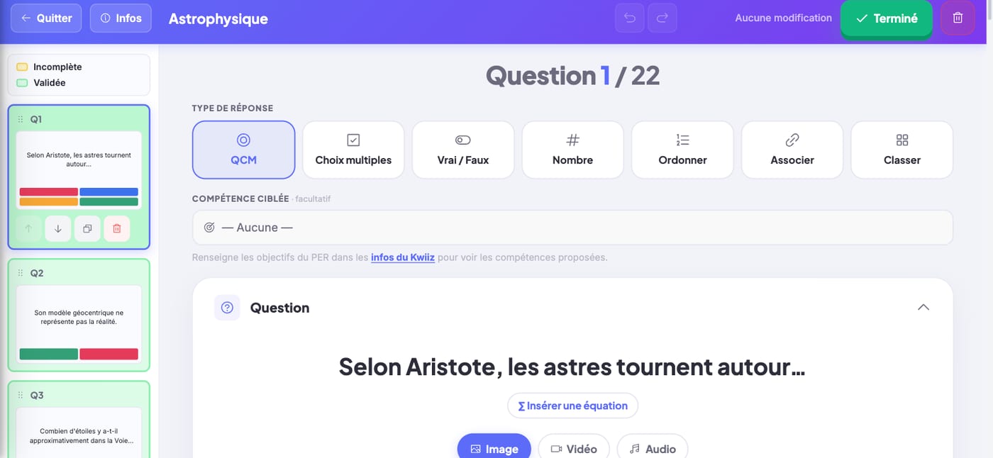 L'éditeur Kwiiz : le sélecteur de type de question et la liste des questions à gauche