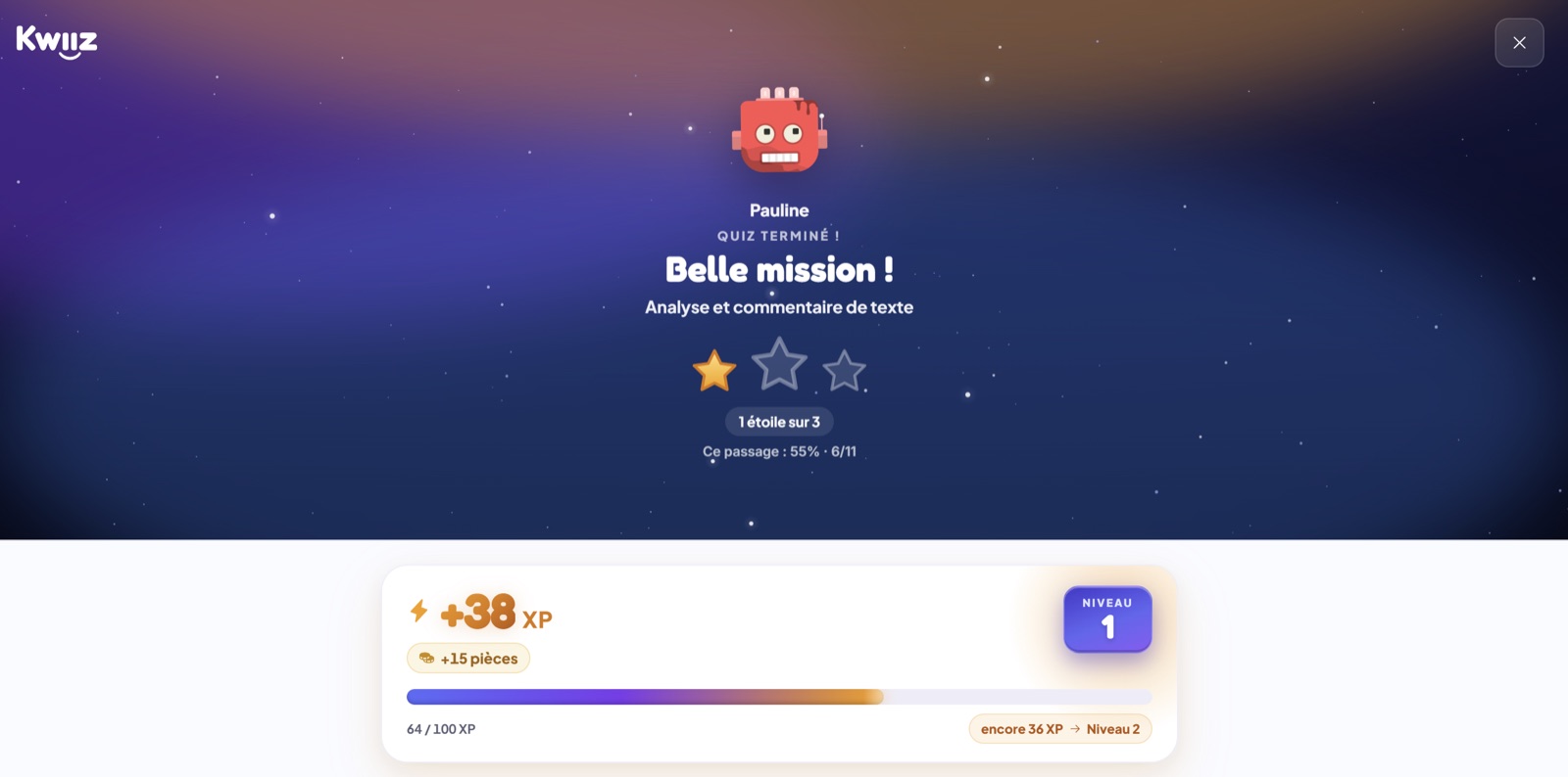 Le bilan personnel d'un élève à la fin d'un Kwiiz