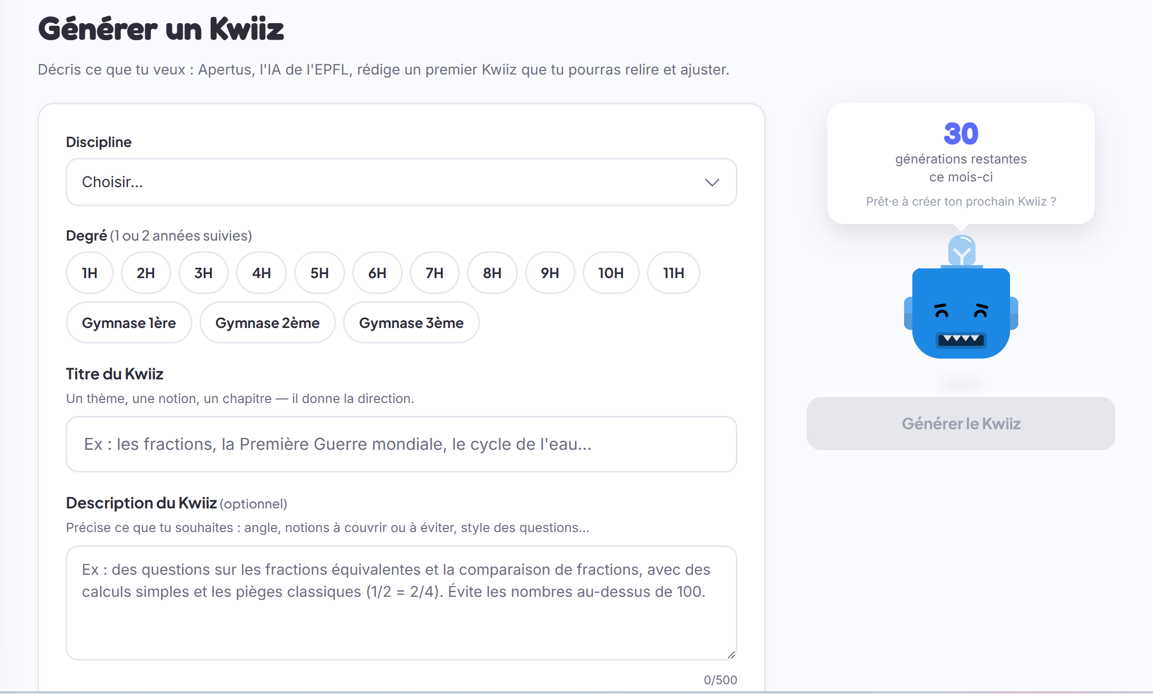 Le générateur IA de Kwiiz : décrire son sujet, choisir l'objectif PER, et Apertus rédige un Kwiiz complet à relire