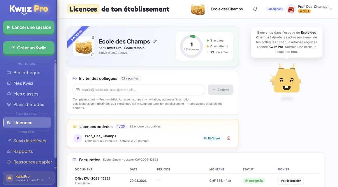 La page Licences du référent : la jauge des licences activées et la liste des collègues, chacun avec son statut