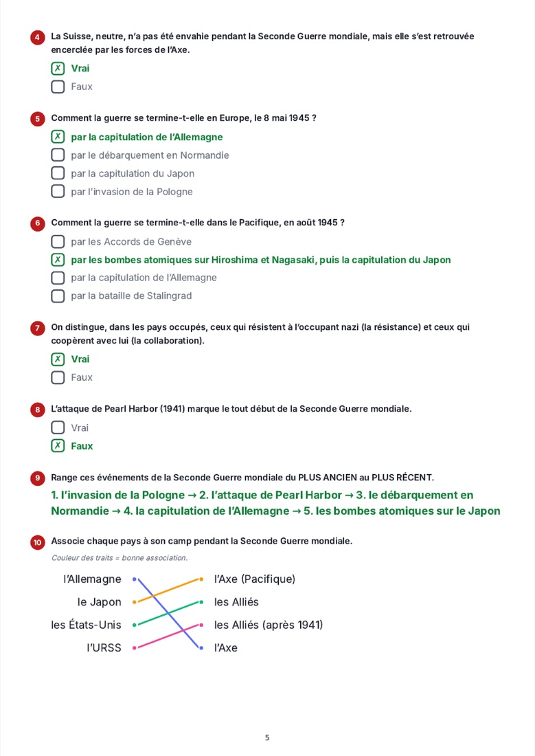Le corrigé imprimable d'un Kwiiz