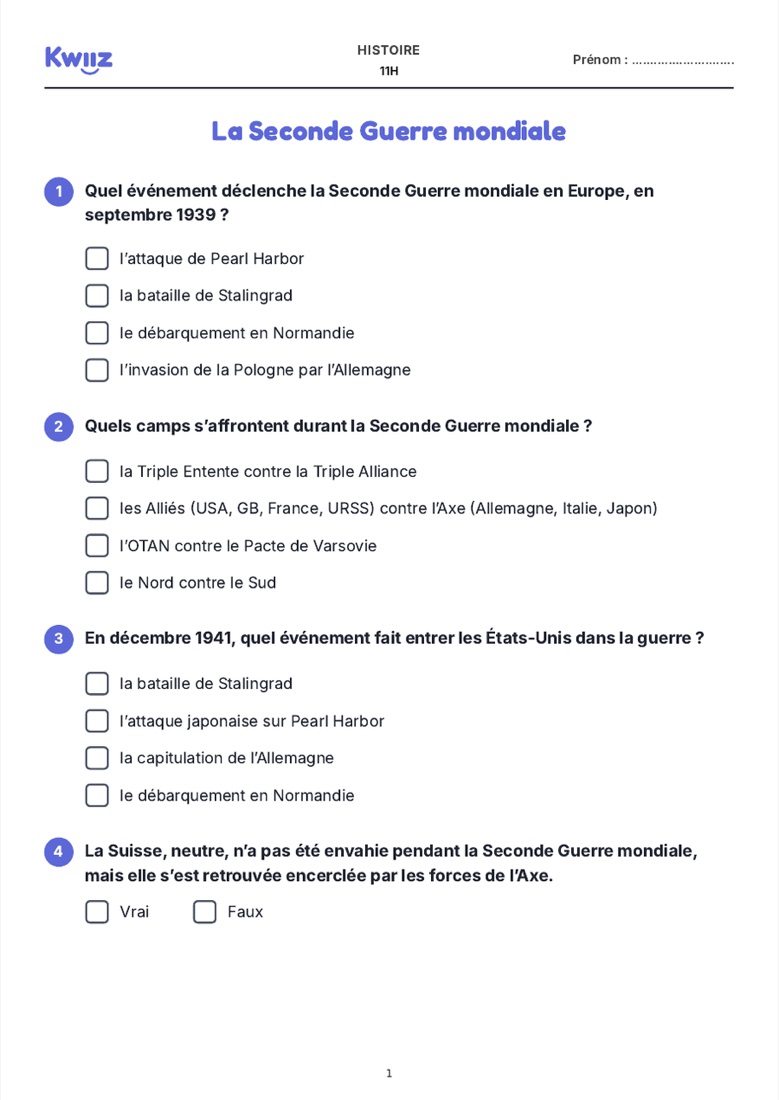 La fiche élève imprimable d'un Kwiiz