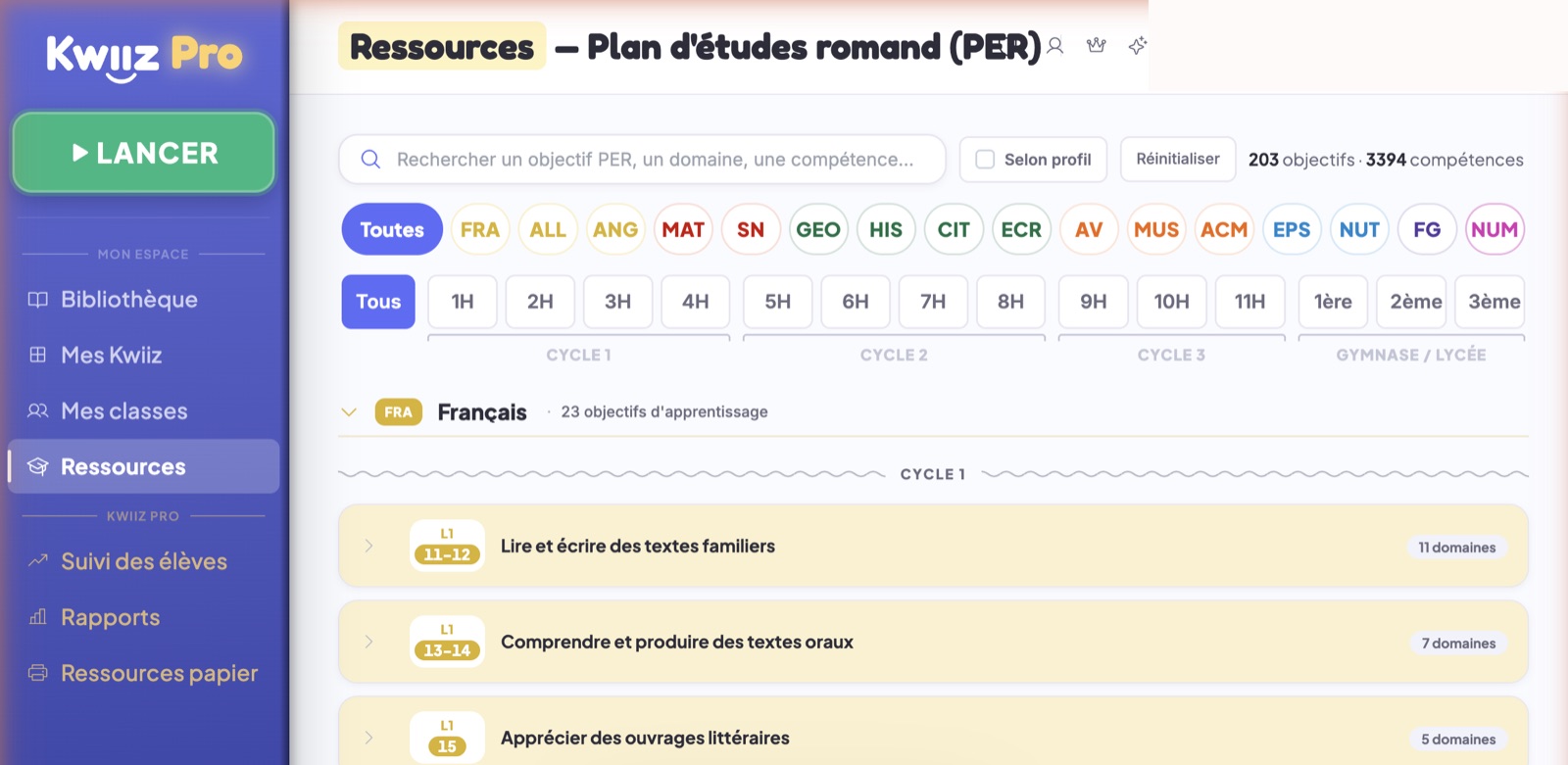 Le référentiel des plans d'études dans Kwiiz