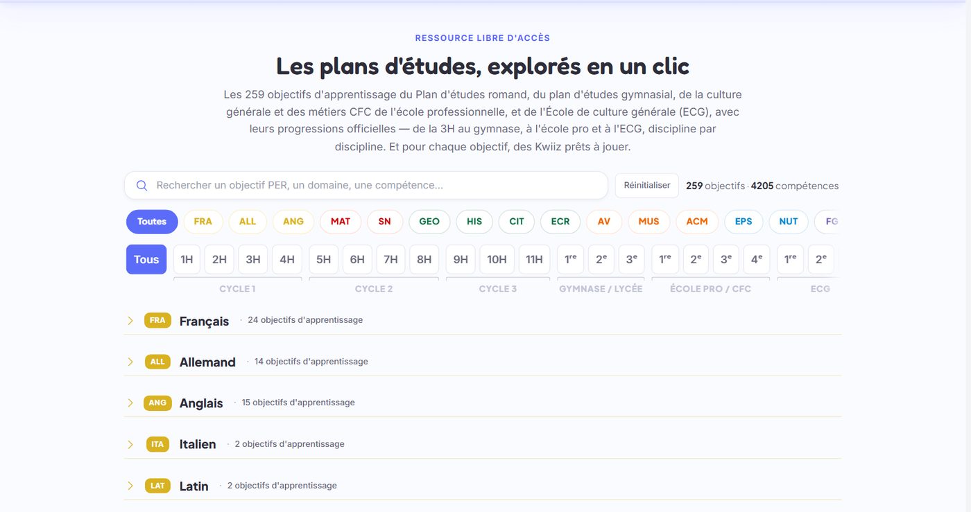 L'explorateur des plans d'études de Kwiiz : 259 objectifs, disciplines et degrés de la 3H à l'école pro, en accès libre