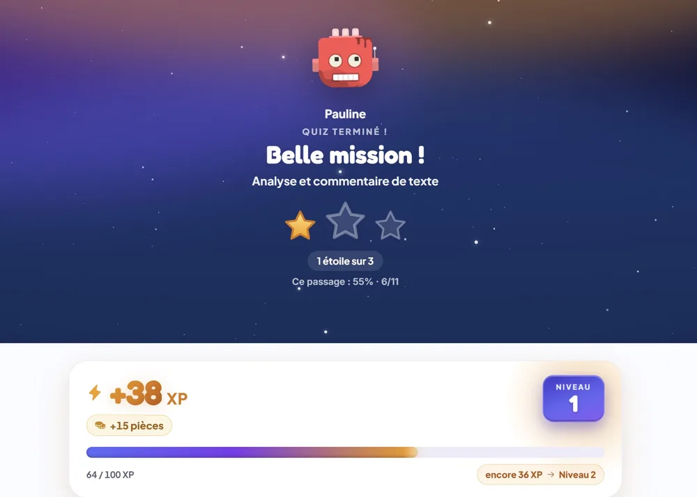 Fin de partie : étoiles décrochées, XP gagnés et record personnel de l'élève — sans classement