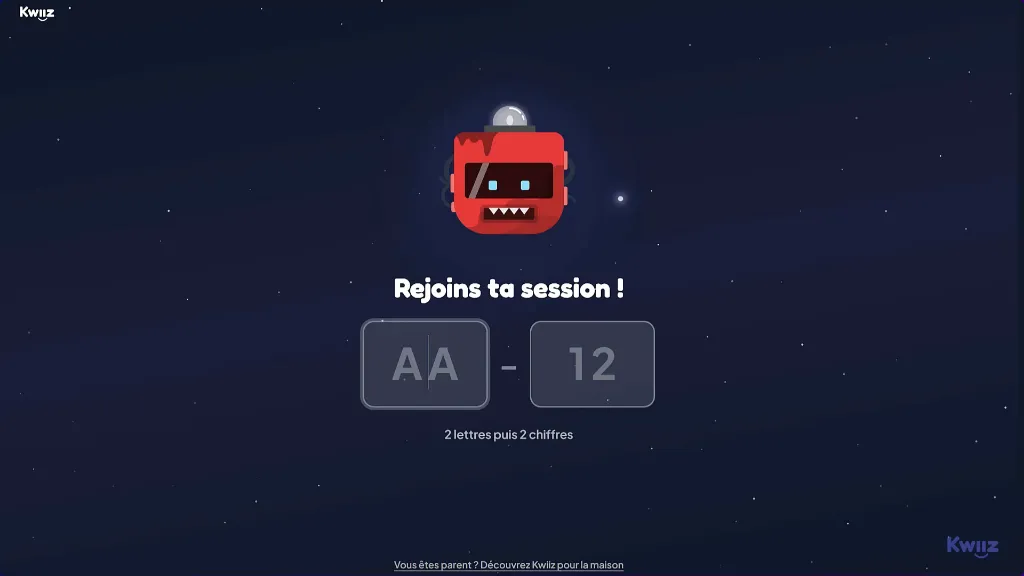 L’écran où l’élève tape le code de la session