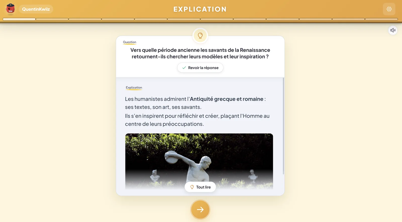 L’explication sur l’appareil de l’élève : la question, puis pourquoi c’est l’Antiquité grecque et romaine, avec une image