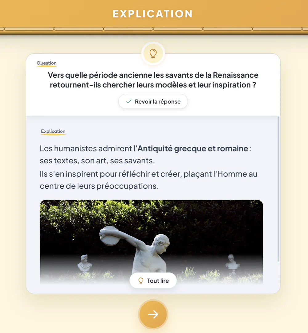 L’écran d’explication sur l’appareil de l’élève : la question, l’explication et une image de statue antique